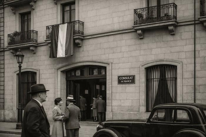 Devant le consulat de France à Barcelone dans les années 1940, des hommes et une femme en tenue d’époque entrent dans le bâtiment, sous un drapeau français suspendu au balcon, tandis qu’une voiture ancienne est stationnée dans la rue.