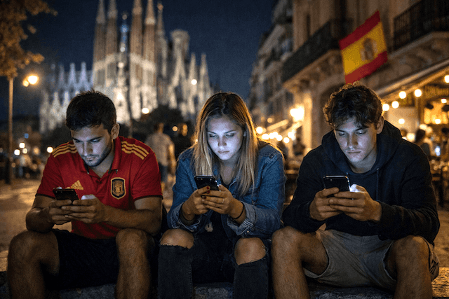 Trois jeunes Espagnols assis de nuit en ville, absorbés par leurs smartphones dont la lumière éclaire leurs visages, avec en arrière-plan une ambiance urbaine animée.