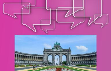 Montage d'une image d'illustration sur le langage avec une photo du parc du cinquantenaire à Bruxelles