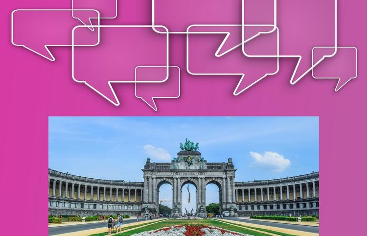 Montage d'une image d'illustration sur le langage avec une photo du parc du cinquantenaire à Bruxelles