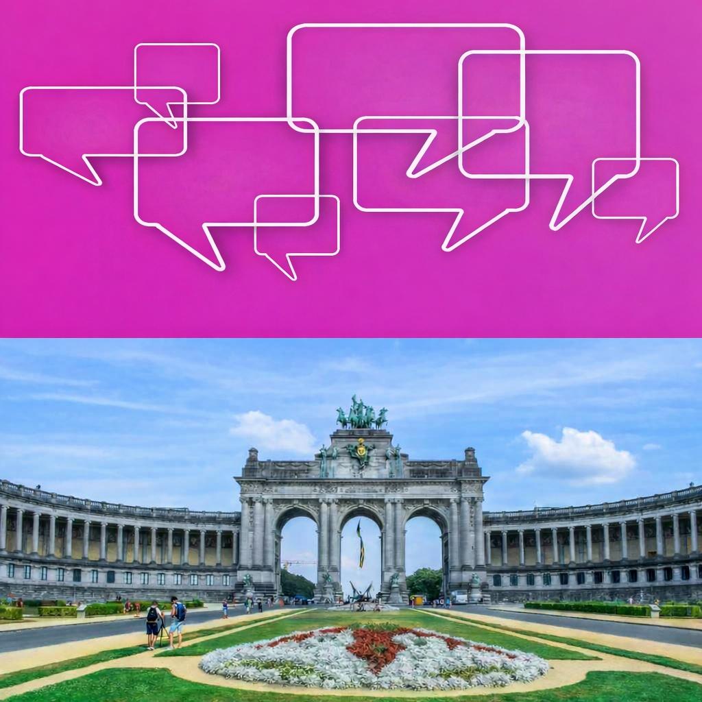 Montage d'une photo d'illustration pour le thème du langage, ainsi qu'une photo du parc du cinquantenaire à Bruxelles
