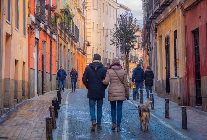 des passants de dos avec un chien marchand à pied dans une ruelle de Madrid