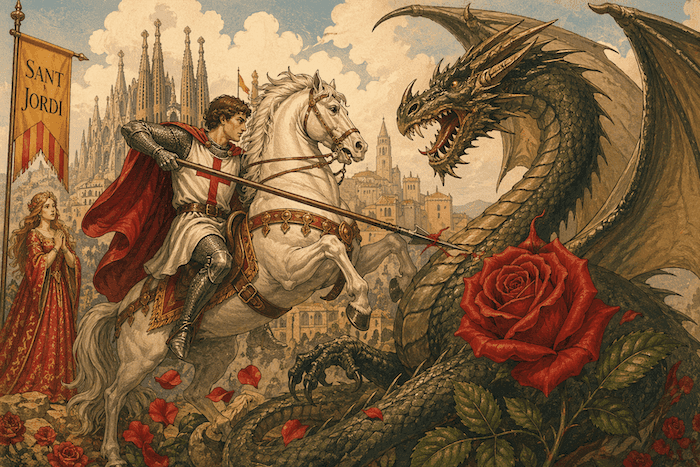 Illustration de style médiéval représentant Sant Jordi à cheval affrontant un dragon, tandis qu’une princesse observe la scène, avec une grande rose rouge au premier plan et la silhouette de Barcelone en arrière-plan.