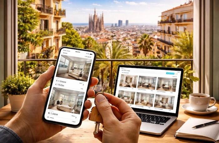 Recherche d’appartement à Barcelone sur smartphone et ordinateur, avec vue sur la Sagrada Familia, symbolisant le marché immobilier et les locations en Espagne