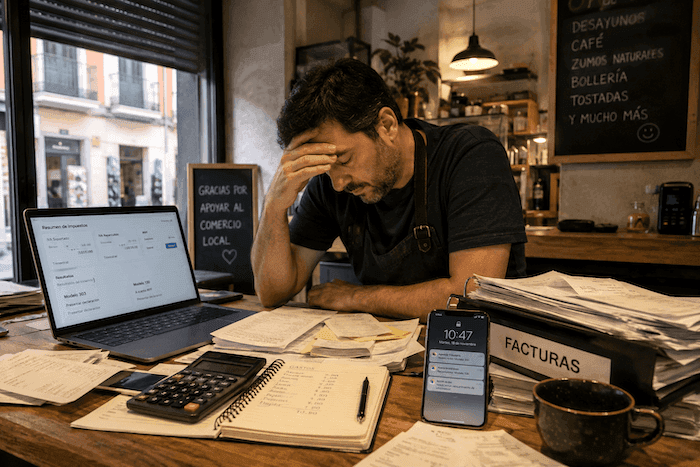 Autónomo espagnol assis seul dans un petit café presque vide, entouré de factures, papiers administratifs et outils numériques, illustrant la pression fiscale et bureaucratique croissante qui pèse sur les petites entreprises en Espagne.