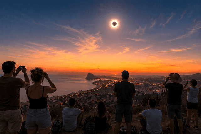 Des personnes observent une éclipse totale de Soleil au coucher du soleil depuis les hauteurs d’une ville côtière espagnole, plongée dans une lumière orangée spectaculaire.