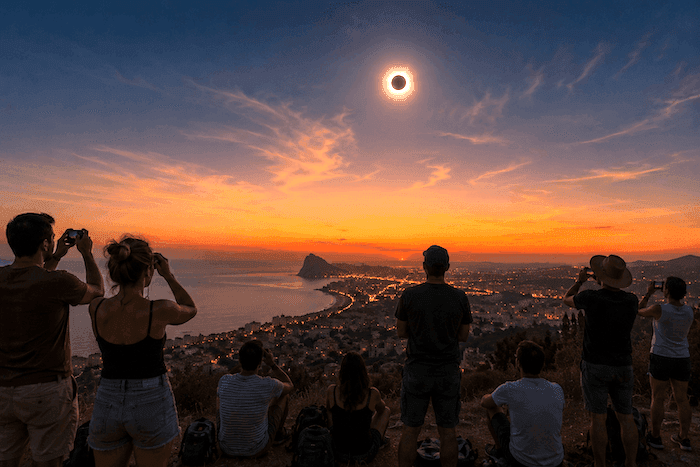 Des personnes observent une éclipse totale de Soleil au coucher du soleil depuis les hauteurs d’une ville côtière espagnole, plongée dans une lumière orangée spectaculaire.