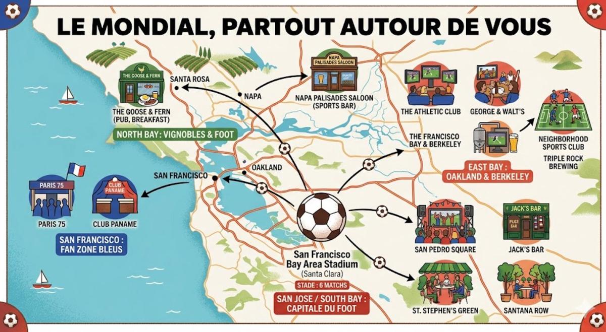 Un carte avec les endroits où on joue les matchs de la coupe du monde sans la région de San Francisco et Bay Area