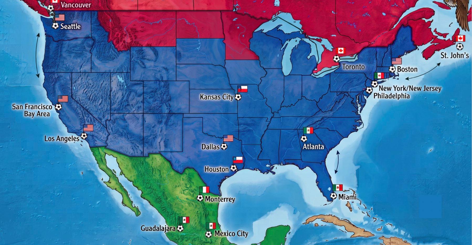 La carte des villes où le mondila aura lieu au Canada, aux Etats-unis et au Mexique.