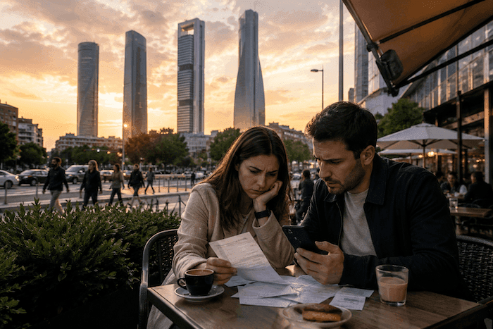 Un jeune couple consulte des factures et un smartphone à la terrasse d'un café à Madrid, avec les gratte-ciel des Cuatro Torres en arrière-plan au coucher du soleil, illustrant le contraste entre la croissance économique espagnole et les préoccupations liées au pouvoir d'achat.