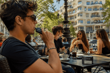 Un jeune adulte utilise un appareil de tabac chauffé IQOS en terrasse d'un café en Espagne, tandis que d'autres clients discutent en arrière-plan, illustrant la popularité croissante de ce produit chez les jeunes adultes.