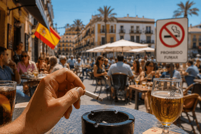 une terrasse espagnole très reconnaissable, bondée et ensoleillée, avec au premier plan une main tenant une cigarette au-dessus d’un cendrier. L’arrière-plan doit montrer des tables, des verres et une ambiance de vacances, avec éventuellement un pictogramme « interdit de fumer » légèrement flouté.