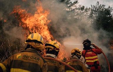 des pompiers de dos en tenue en train de lutter contre les flammes cet été lors des incendies en espagne
