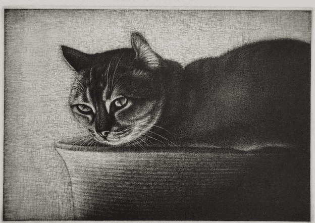 L’artiste Ikuta représente un chat noir, très réaliste, installé dans un vase, en utilisant une technique de gravure qui crée de nombreux effets d’ombre et de lumière.