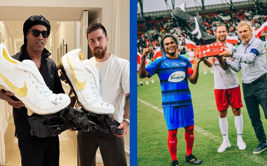 À gauche : Cavart et Ronaldinho ; à droite : le trophée de Mecz Gwiazd dans les mains de Christian Karembeu, Zbigniew Boniek et Grzegorz Krychowiak