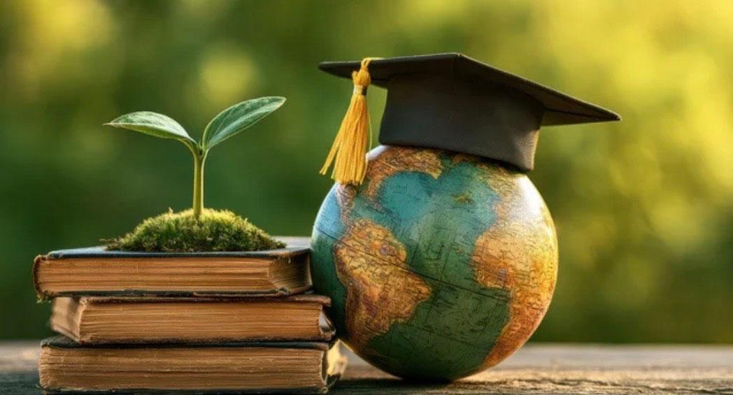 Livres, plante, globe et toque 