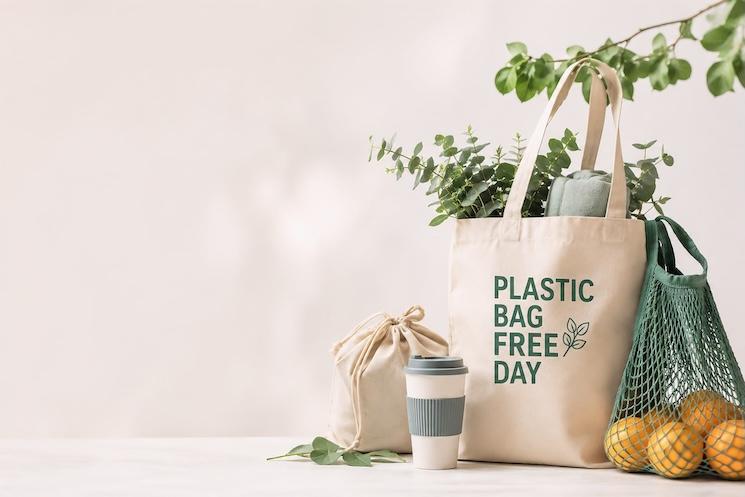un tote bag, une gourde sur fond clair