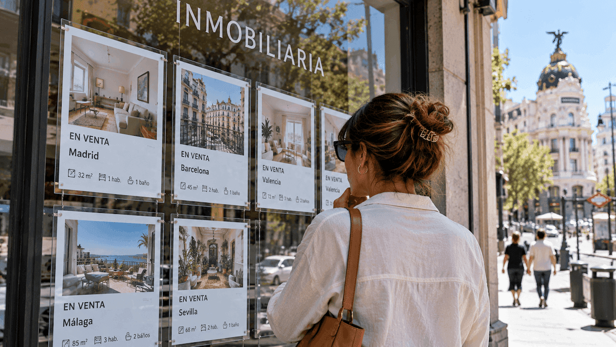 Une acheteuse consulte des annonces immobilières en Espagne, où 200.000 euros permettent d’acheter des surfaces très différentes selon les villes.