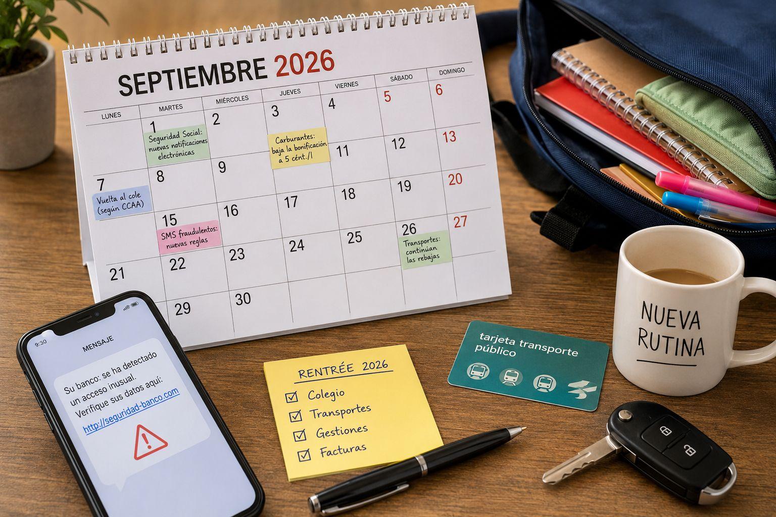 Calendrier de septembre 2026 en Espagne entouré d’un smartphone, de fournitures scolaires, d’une carte de transport et d’une clé de voiture, illustrant les changements de la rentrée.