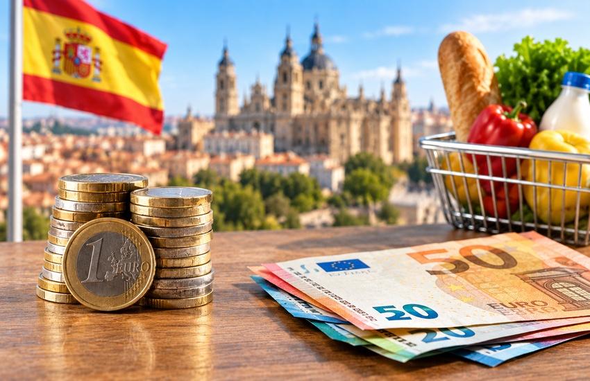 euros, billets et panier de courses avec le drapeau espagnol en arrière-plan