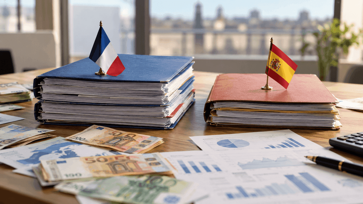 Dette publique en France et en Espagne : dossiers financiers aux couleurs françaises et espagnoles, billets en euros et graphiques économiques.
