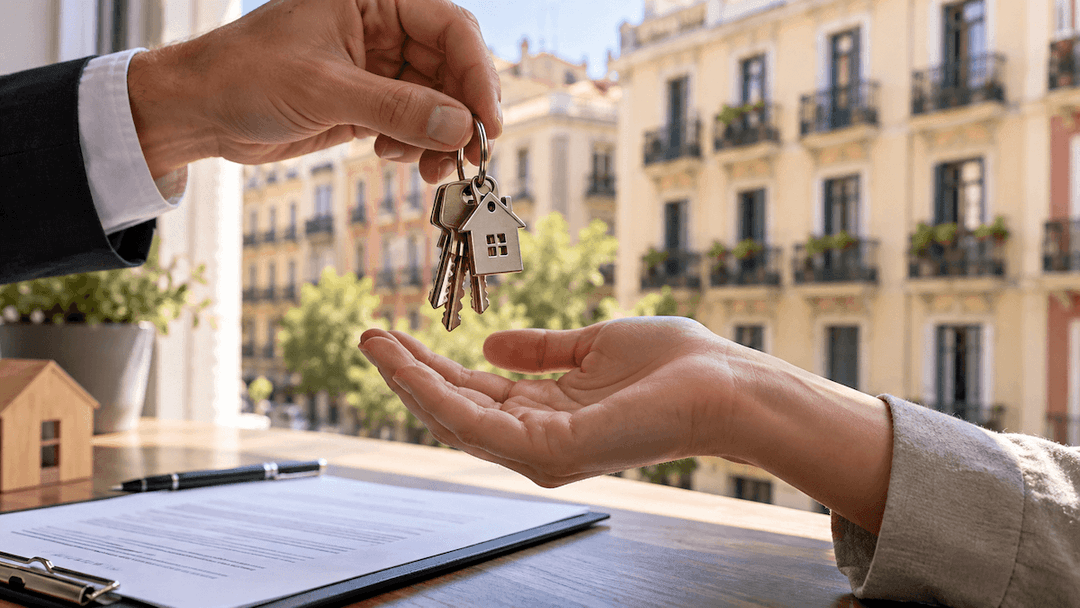 Remise des clés d’un logement en Espagne au-dessus d’un contrat de location, avec des immeubles résidentiels en arrière-plan.