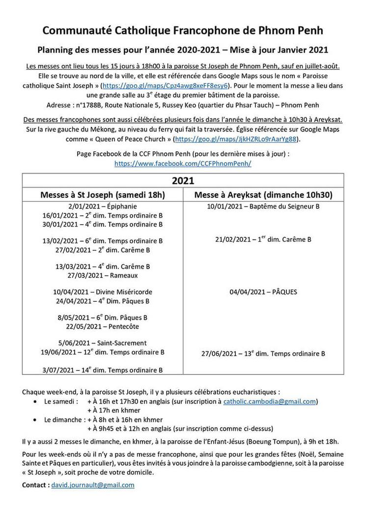 planning des messe à Phnom Pneh