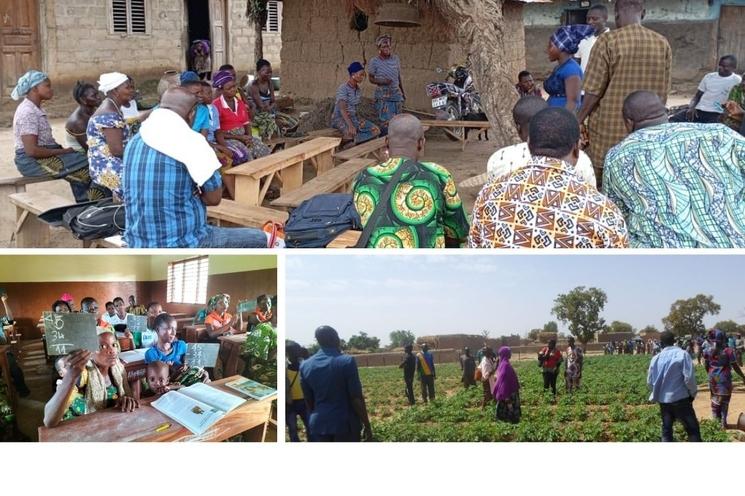 Au Mali et au Bénin : séance participative REFLECT, suivi d’un centre d’alphabétisation et jardin-école portés par Pamoja.