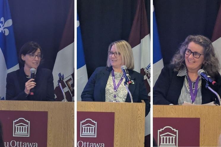De gauche à droite, Marie-Ève Sylvestre (Université d’Ottawa), Josée Poirier-Crête (Centre de la francophonie des Amériques) et Liane Roy (FCFA) lors de la cérémonie d’ouverture de Mobilisation Franco, à Ottawa.