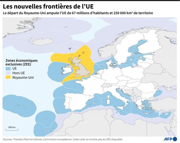 Carte d'Europe avec les zones économiques exclusives de l'Union européenne et du Royaume-Uni