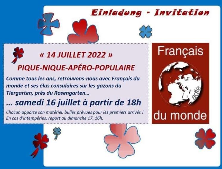 Invitation de l'association des francais du monde pour le 14 juillet 2022