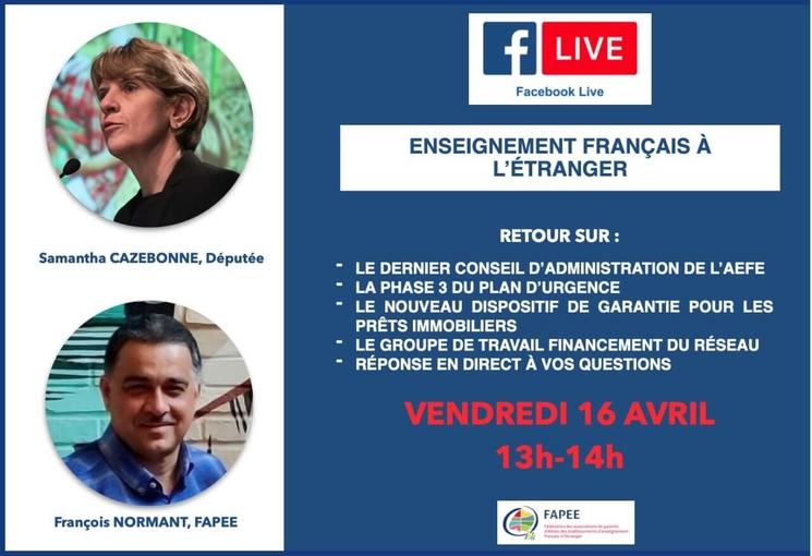 Affiche du Facebook Live de Samantha Cazebonne sur les bourses AEFE