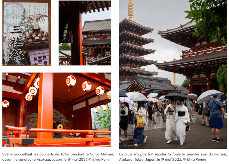 Scène accueillant les concerts de Taïko pendant le Sanja Matsuri, devant le sanctuaire Asakusa, Tokyo, Japon, le 19 mai 2023