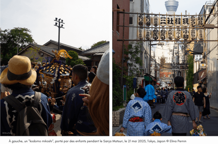 Un "Kodomo Mikoshi", un sanctuaire portatif porté par des enfants pendant le Sanja Matsuri