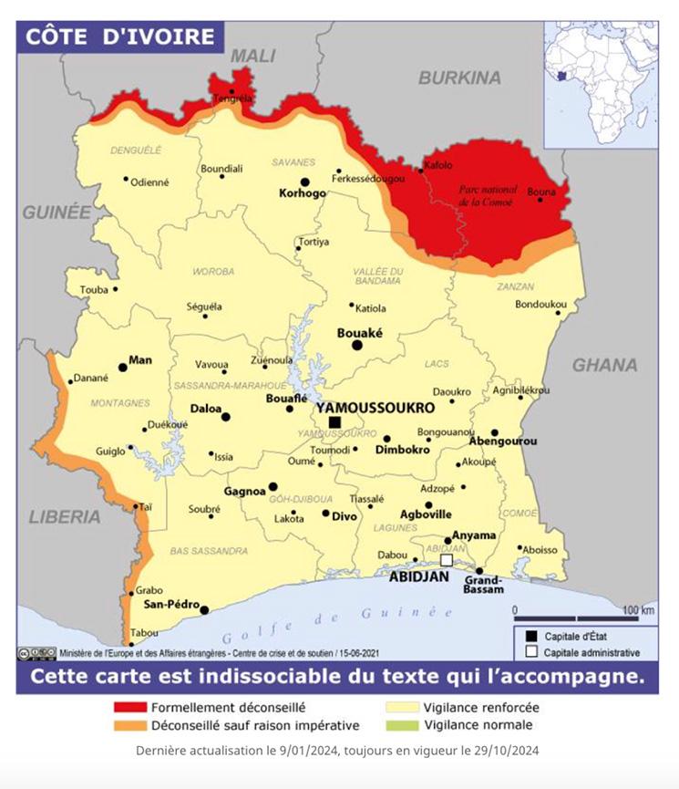 La carte présente les zones de vigilence en Côte d'Ivoire