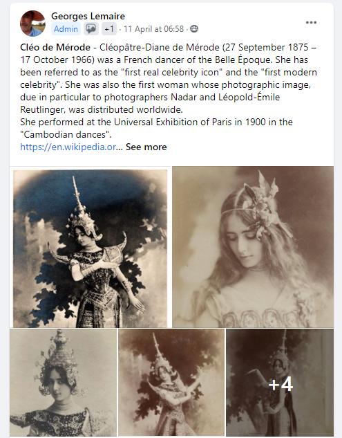 Un post du groupe Facebook Siamese Memories sur la danseuse francaise Cleo de Merode