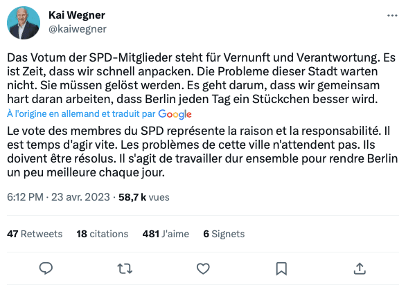 Le vote des membres du SPD représente la raison et la responsabilité. Il est temps d'agir vite. Les problèmes de cette ville n'attendent pas. Ils doivent être résolus. Il s'agit de travailler dur ensemble pour rendre Berlin un peu meilleure chaque jour. - Kai Wegner sur Twitter