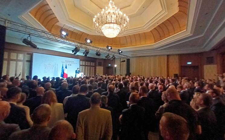 Vue de la salle de reception lors de l'allocution du president Macron a Bangkok le 17 novembre 2022