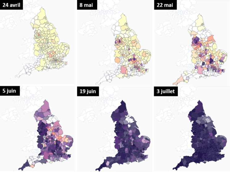 Carte de l'Angleterre montrant la propagation du variant Delta