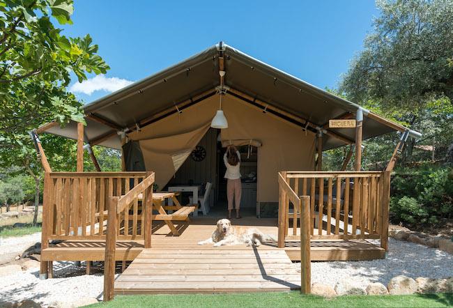 Une des eco tentes vue de l'exterieur avec la famille et le chien