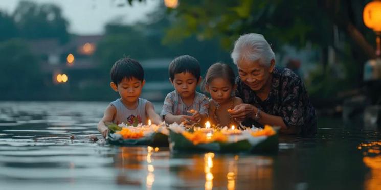 Grand-mère et petits-enfants lancent des Krathongs
