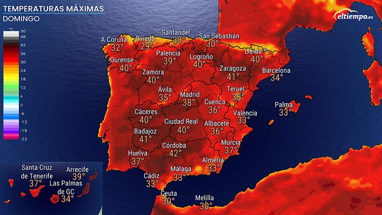 Temperaturas máximas previstas para el domingo. Mapa: Eltiempo.es