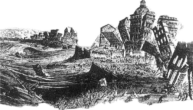 Gravure représentant le séïsme de Lisbonne de 1755 ©University of California, Berkeley