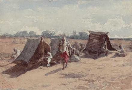  Mariano Fortuny y Marsal Campamento árabe, c. 1862 Acuarela y lápiz grafito sobre papel, 127 × 180 mm Musée Goya, Castres, inv. 50-6-52 ©Ville de Castres-Musée Goya – B. Nicaise