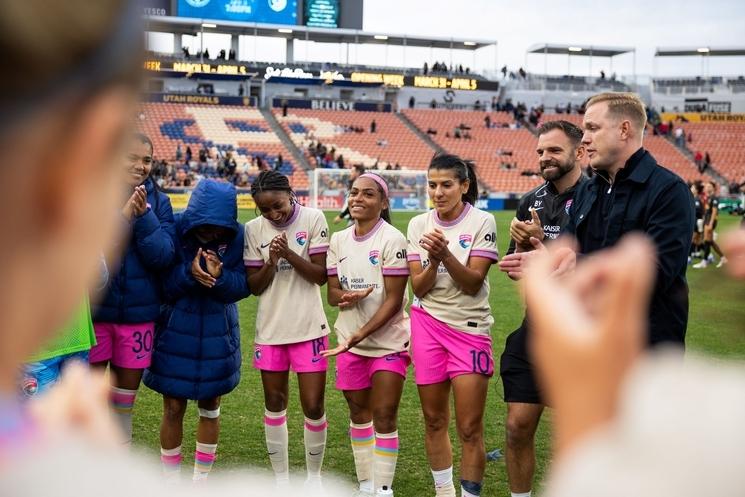 Laurina Fazer, Perle Morroni, and Kenza Dali during San Diego Wave FC's match against Utah Royals FC on March 22, 2026—the team's first victory (2–1) of the season. © San Diego Wave FC