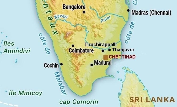 Carte de l'Inde du sud indiquant le Chettinad