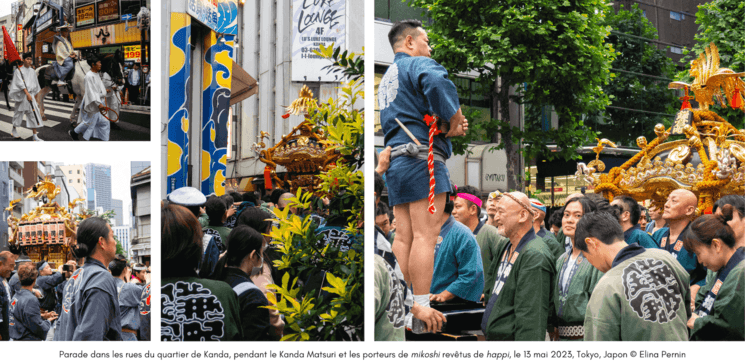 Les porteurs de Mikoshi revêtus du happi de leur communauté pendant le Kanda Matsuri