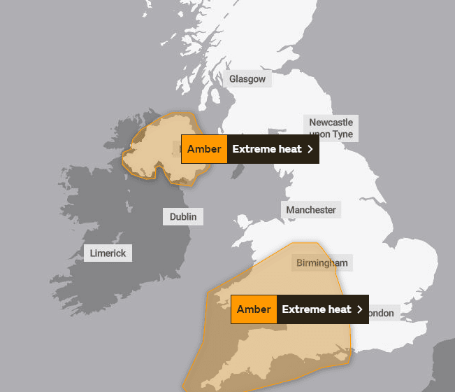 Carte des alertes orange de chaleur extrême au Royaume-Uni