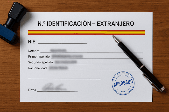 Photo réaliste d’un document administratif espagnol intitulé « N.º Identificación – Extranjero », posé sur une table en bois. On y voit un stylo, un tampon « Aprobado » et les champs vierges du formulaire NIE (nom, prénom, nationalité, signature).