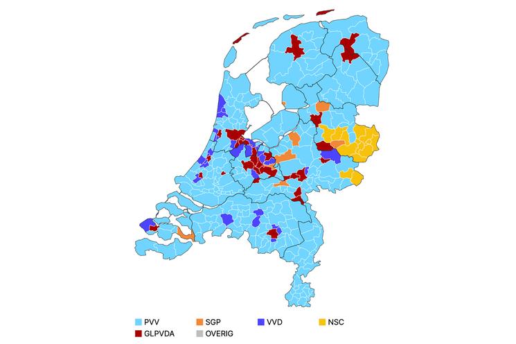 Carte des résulats de l'élections NOS le 23 Novembre 2023 à 17h30 (Source: NOS)